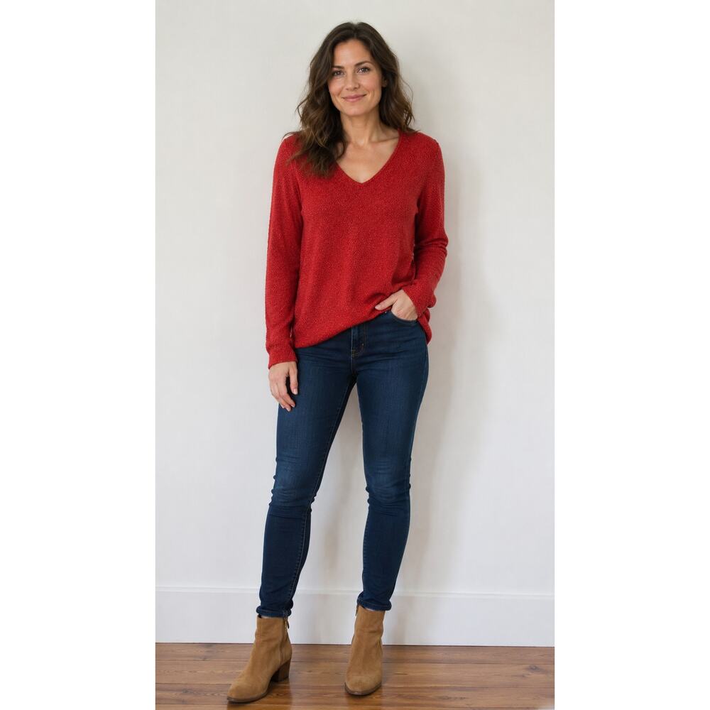 J Jill V Neck Waffle Knit Sweater Womens Size Medium Pullover Cotton Blend Red